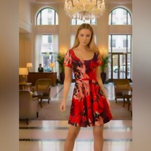 Eva Mendes Watercolor Red
Floral with Belt Dress (NWT)